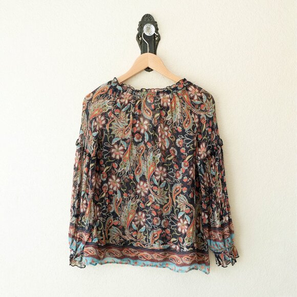 Sundance Silk Peasant Blouse Womens Small Floral Tassel Tie Sheer Boho Top - Picture 9 of 13